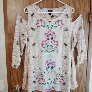 JM Collection Cream Cold-Shoulder Floral Tunic with Pink and Green Accents